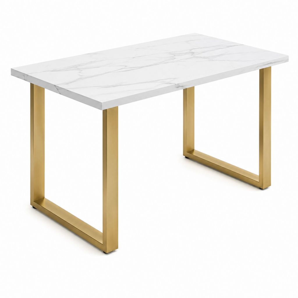 Table à manger rectangulaire blanche effet marbre en pierre frittée et acier inoxydable doré 140 x 80 x 75 cm