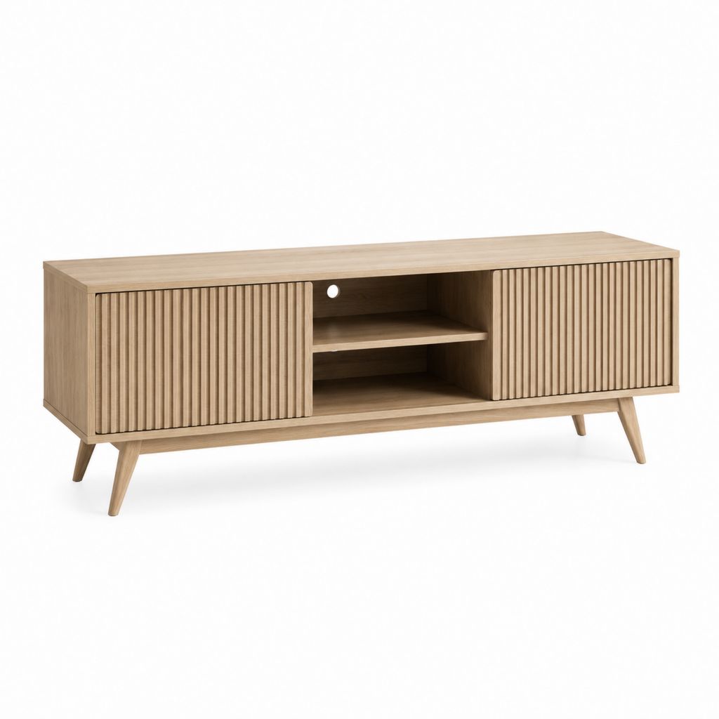 Meuble TV rectangulaire chêne clair en panneaux MDF 160 x 40 x 60 cm avec 2 portes coulissantes