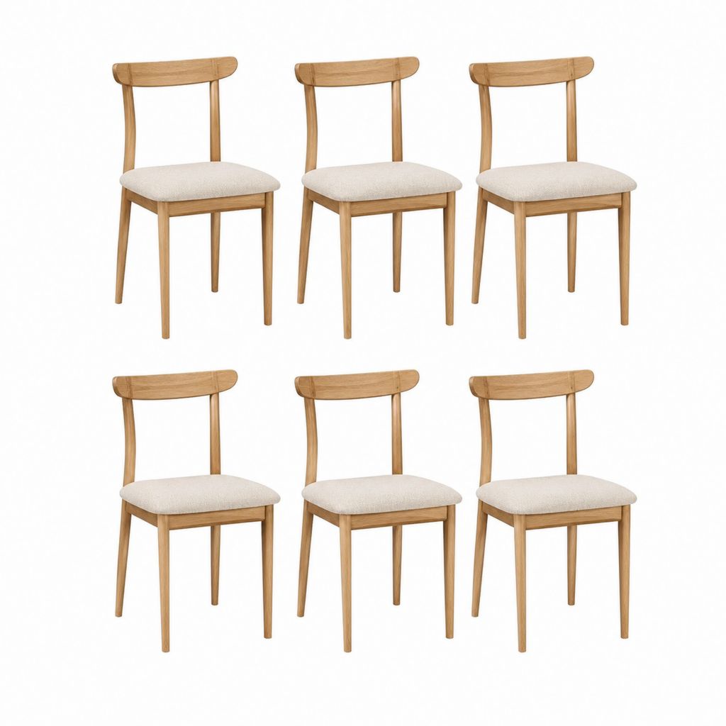 Lot de 6 chaises de salle à manger beige et naturel en bois massif d'hévéa avec assise rectangulaire rembourrée 45 x 52 x 78 cm