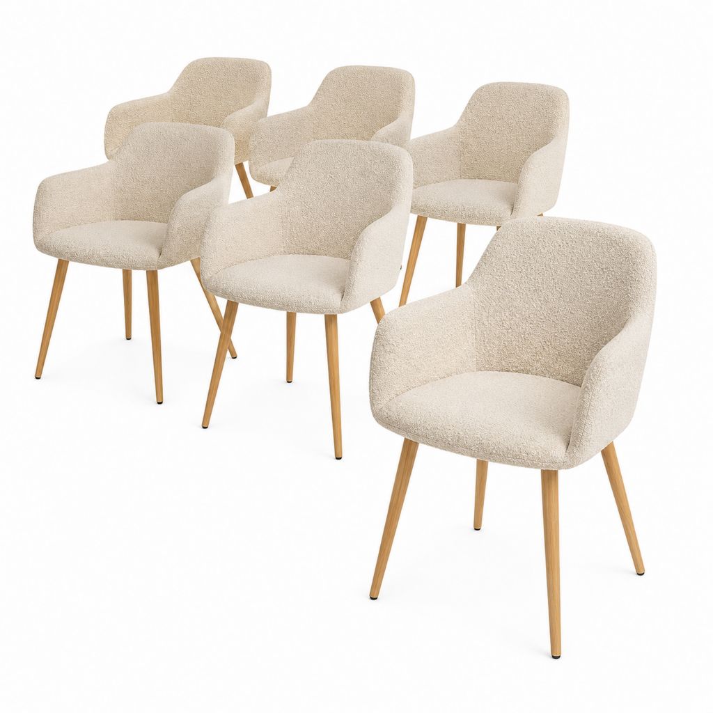 Lot de 6 chaises de salle à manger beige en polyester bouclette avec accoudoirs pieds en hêtre forme arrondie 55 x 58 x 82 cm