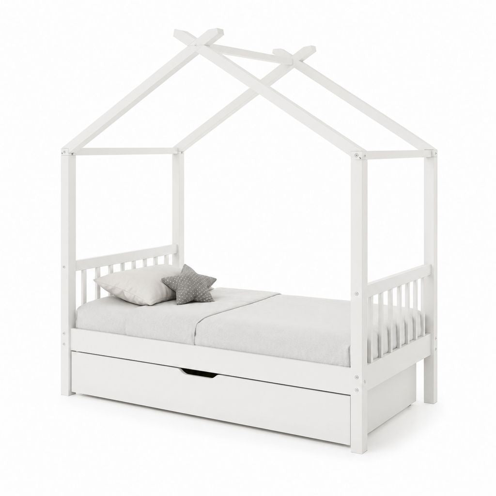 Lit cabane enfant avec tiroir blanc en pin massif 90 x 200 cm