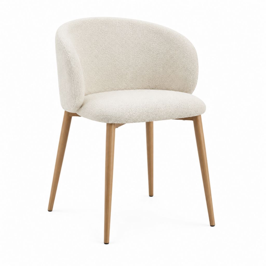 Chaise de salle à manger crème en polyester bouclette avec pieds en bois massif 56 x 60 x 79 cm