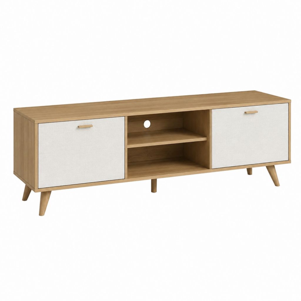 Meuble TV rectangulaire chêne clair et blanc en panneaux de particules 180 x 40 x 55 cm