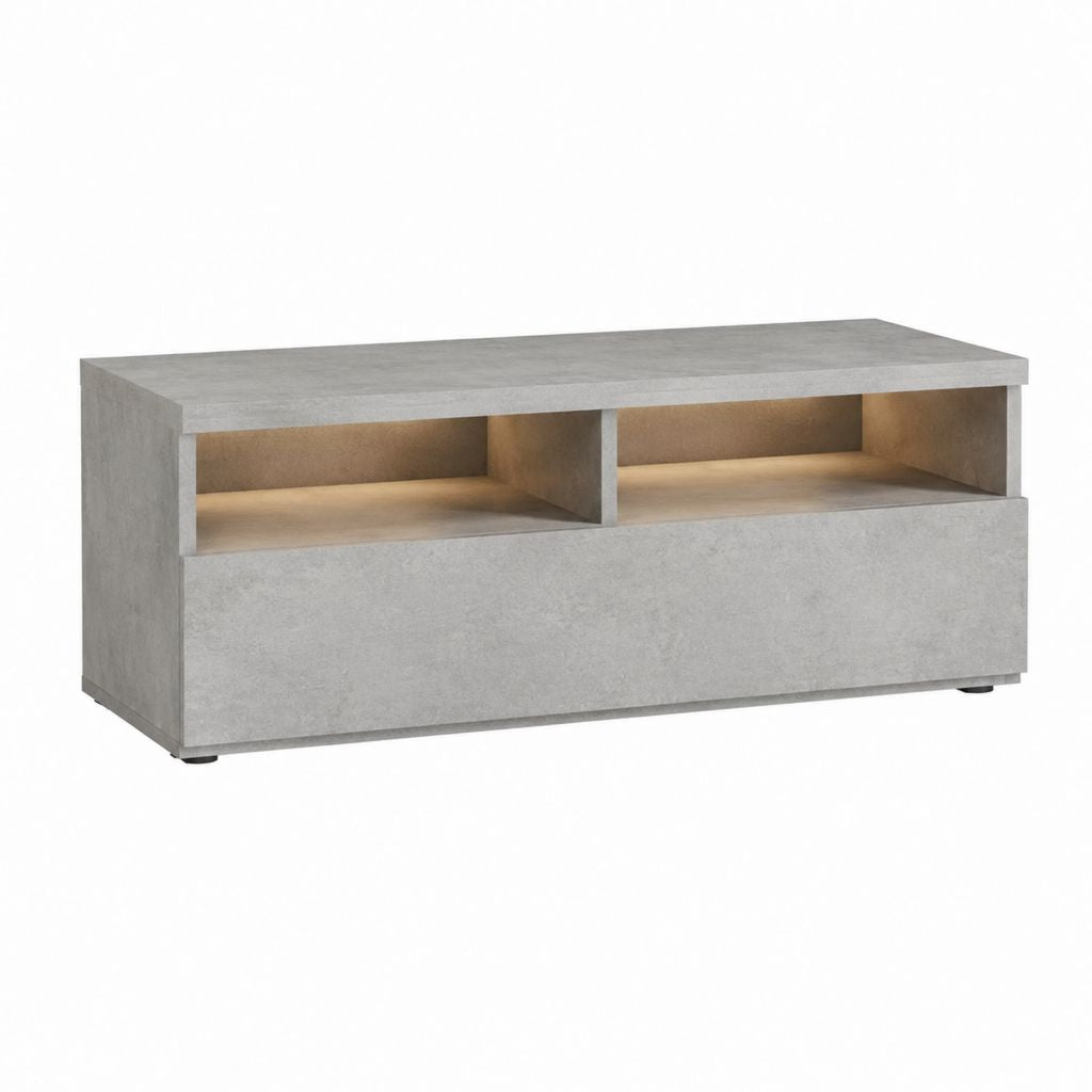 Meuble TV gris béton en panneaux de particules avec éclairage 120 x 40 x 45 cm