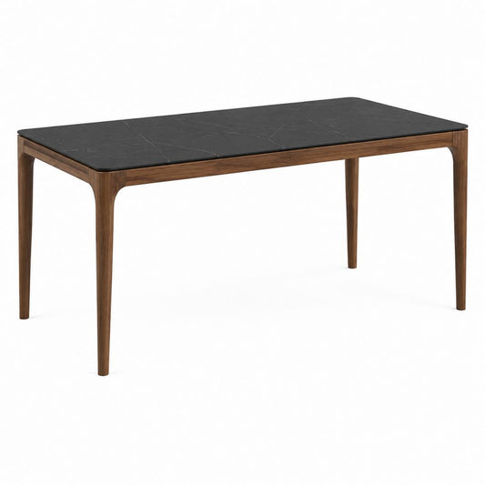 Table à manger rectangulaire noire et noyer en céramique et bois massif 160 x 90 x 75 cm
