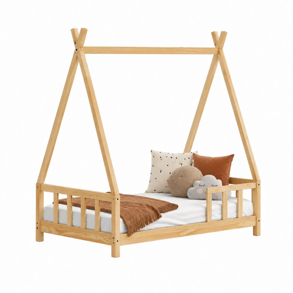 Lit cabane enfant en pin massif naturel forme tipi 90 x 200 cm