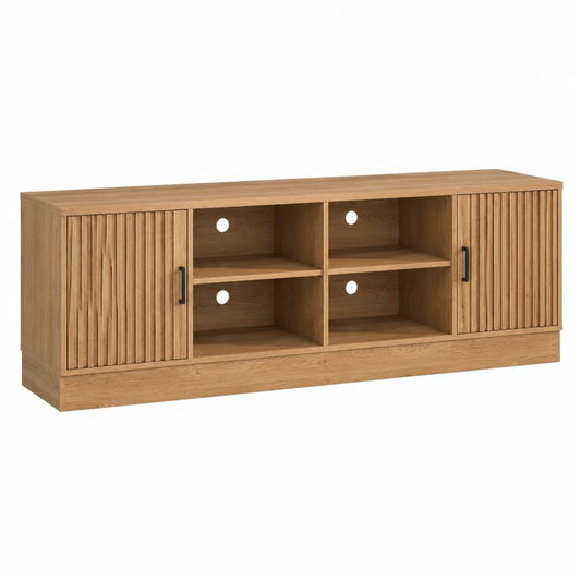 Meuble TV rectangulaire en MDF plaqué chêne naturel 160 x 40 x 60 cm avec 2 portes et passe-câbles