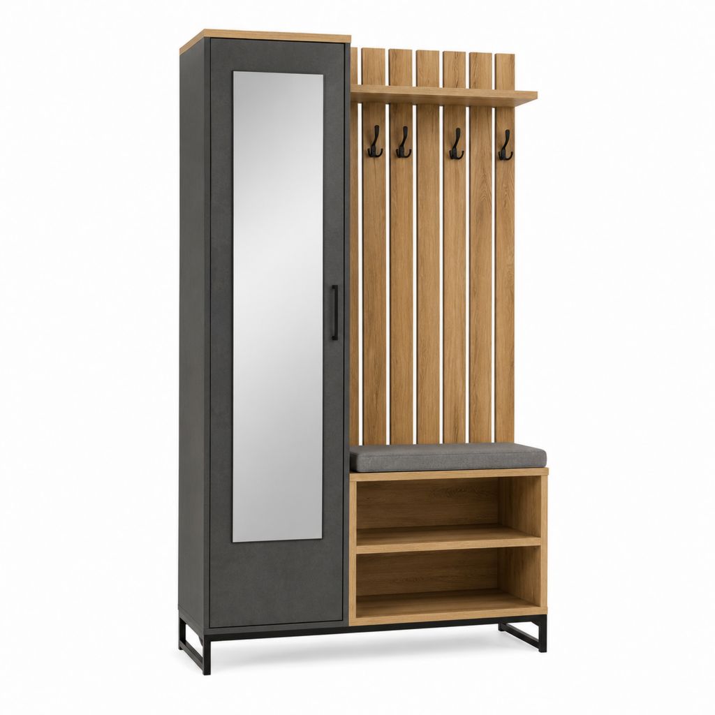 Ensemble meuble d'entrée avec armoire miroir porte-manteaux banc et rangements chêne naturel anthracite 120 x 40 x 190 cm