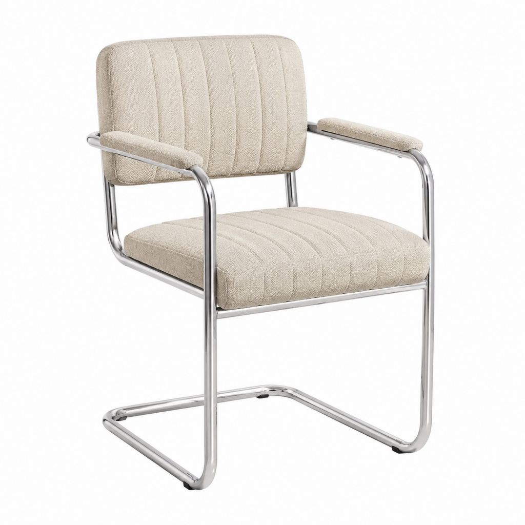 Chaise de salle à manger avec accoudoirs beige en polyester bouclé et acier chromé 58 x 57 x 82 cm