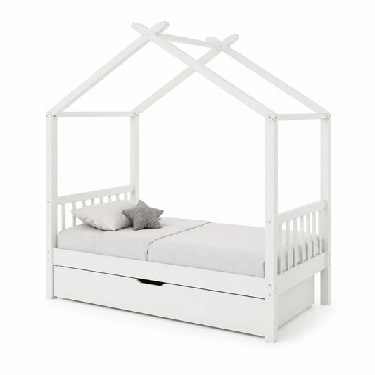 Lit cabane enfant avec tiroir blanc en pin massif 90 x 200 cm
