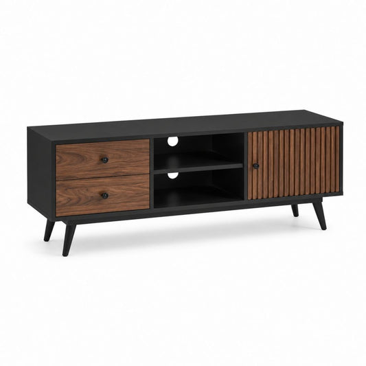 Meuble TV noir et noyer à 2 tiroirs 1 porte et 2 niches 140 x 40 x 60 cm